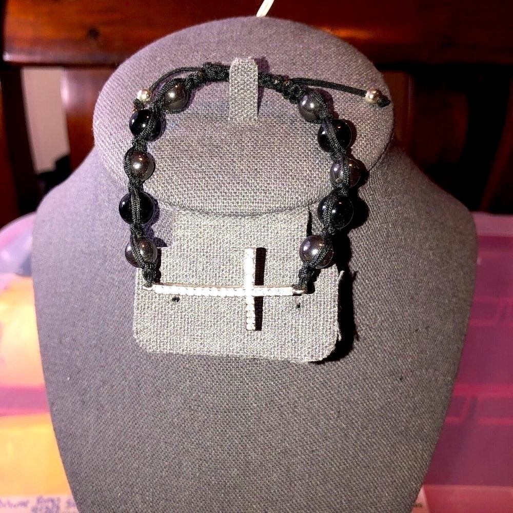 Hematite Beads Crystals Silver Cross Praying Braided Adjustable Bracelet